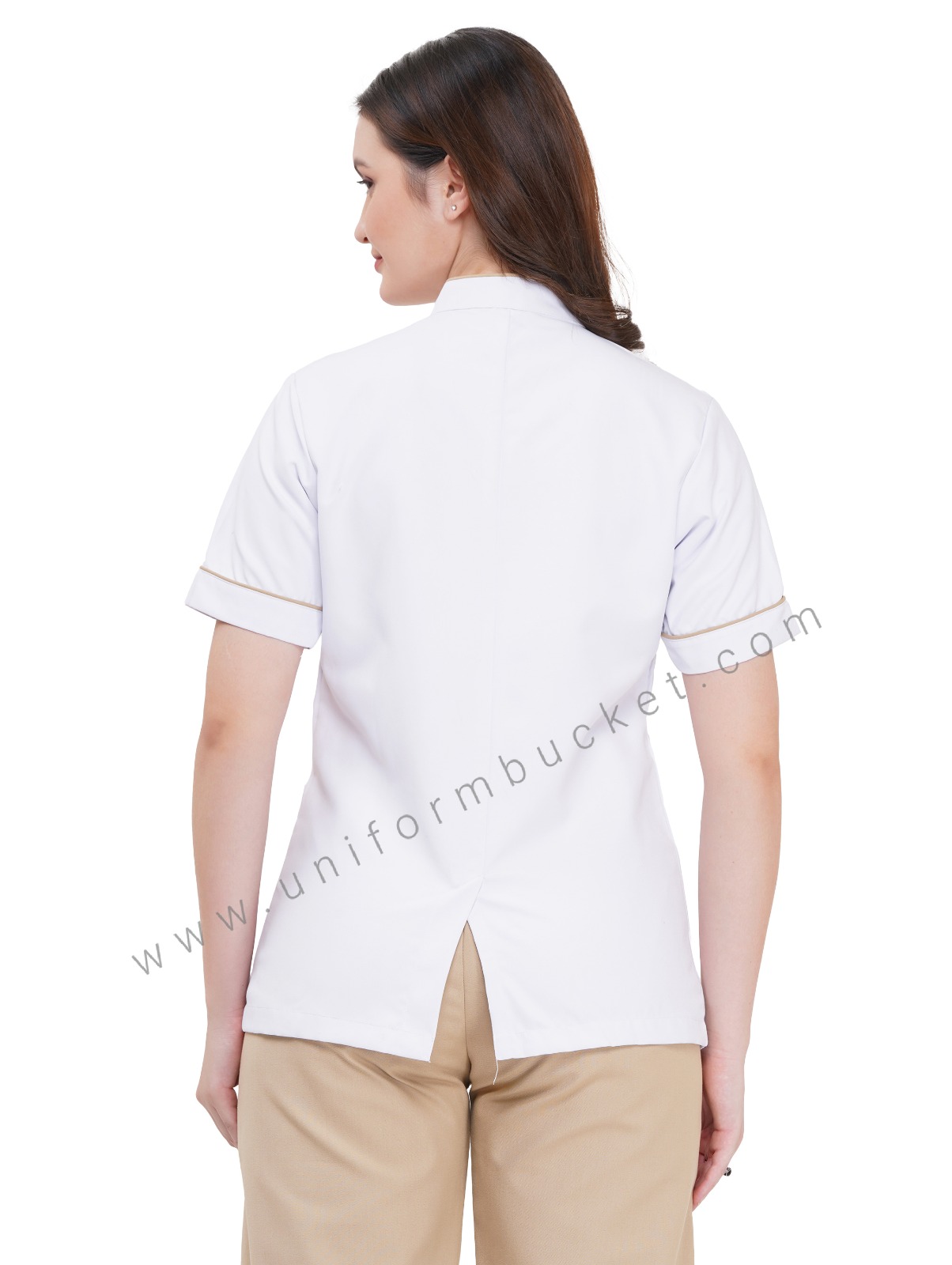 FEMALE WHITE TOP WITH KHAKI TRIM & PATCH POCKET view 4
